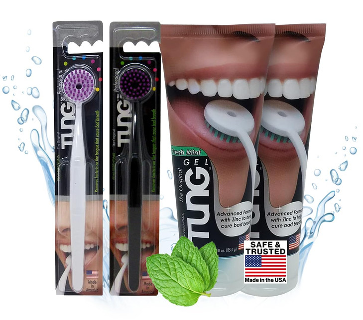 Tung Tongue Cleaning Kit Tung Brush and Gel Bad Breath Odor Eliminator Halitosis Defense USA Made Set of 2
