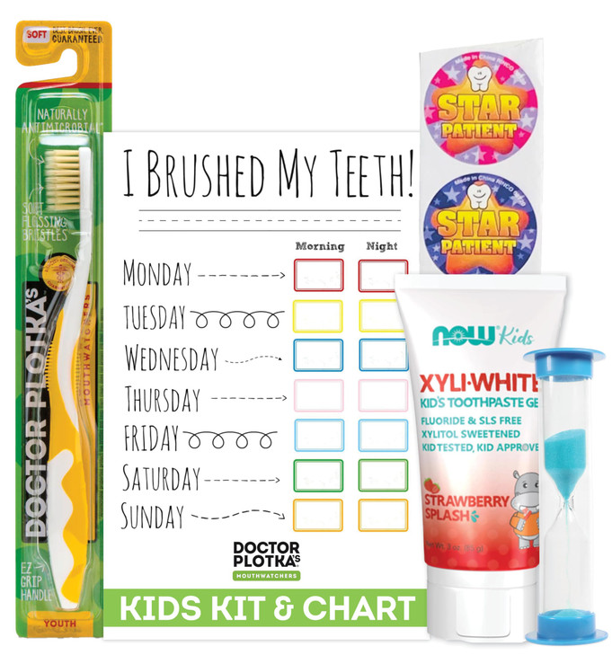 MOUTHWATCHERS Childrens Dental Care Kit Toothbrush for Kids 3 oz Strawberry Fluoride Free Toothpaste Dry Erase Checkboar