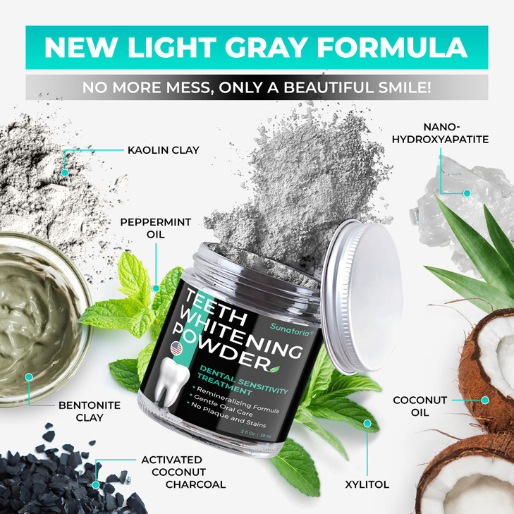 Teeth Whitening Powder Remineralizing Tooth Powder with Nano Hydroxyapatite Charcoal Bentonite Kaolin Clays Gentle Tooth