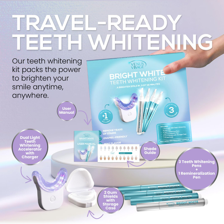 Venus Visage Teeth Whitening Kit with LED Light Device Includes 3 Carbamide Peroxide Gel Pens Teeth Whitening Trays Remi