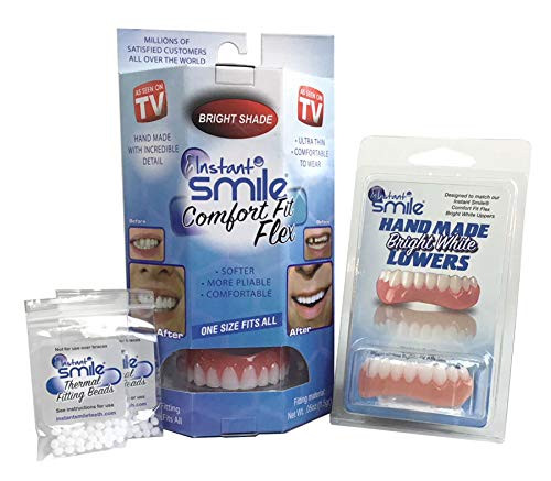 Instant Smile Comfort Fit Flex Teeth Upper and Lower Matching Set Bright White Shade Fix Your Smile at Home Within Minut