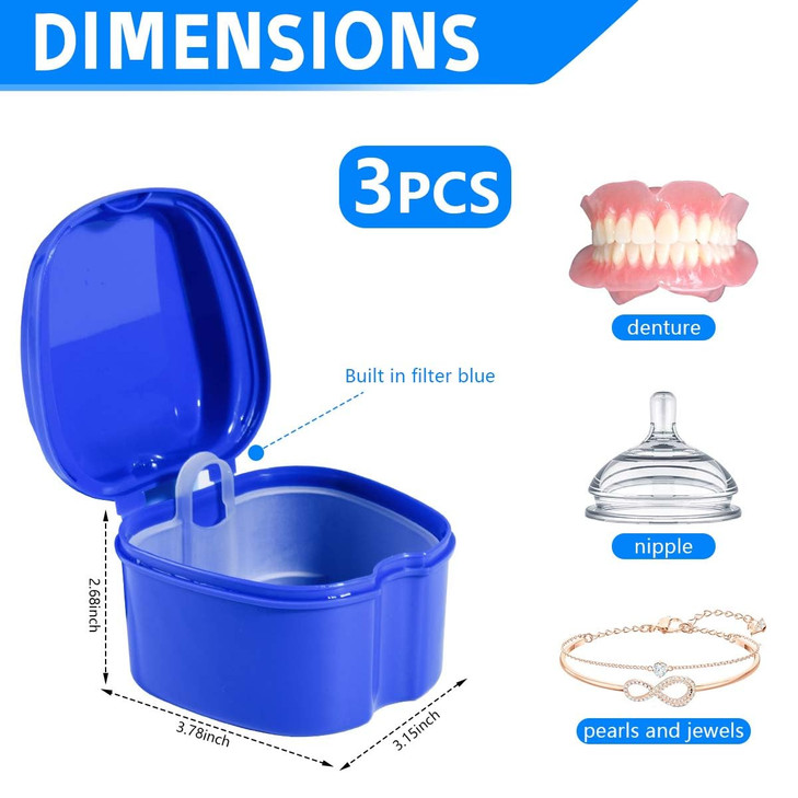 KISEER 3 Pack Colors Denture Bath Case Cup Box Holder Storage Soak Container with Strainer Basket for Travel Cleaning Wh