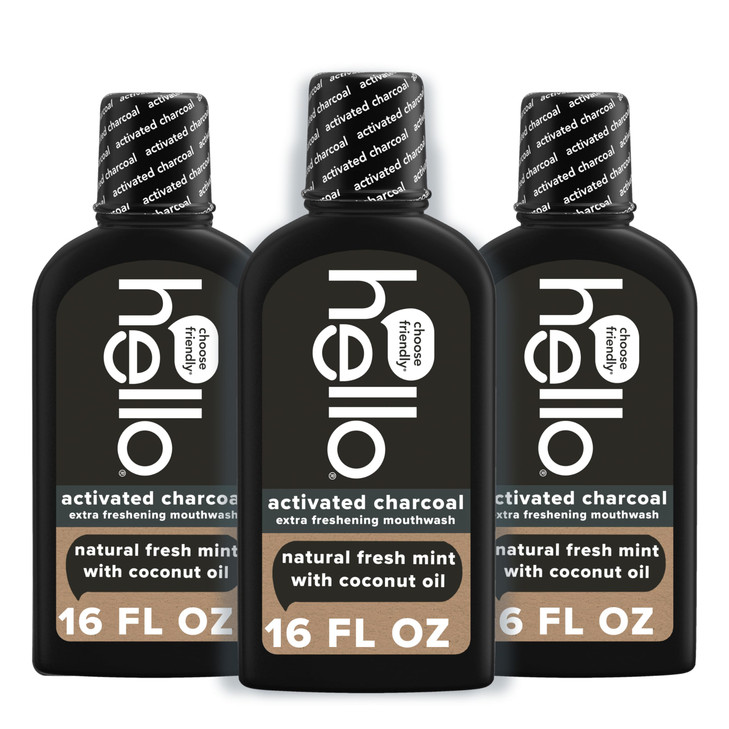 Hello Activated Charcoal Extra Freshening Mouthwash Natural Fresh Mint and Coconut Oil Fluoride Free Alcohol Free Vegan