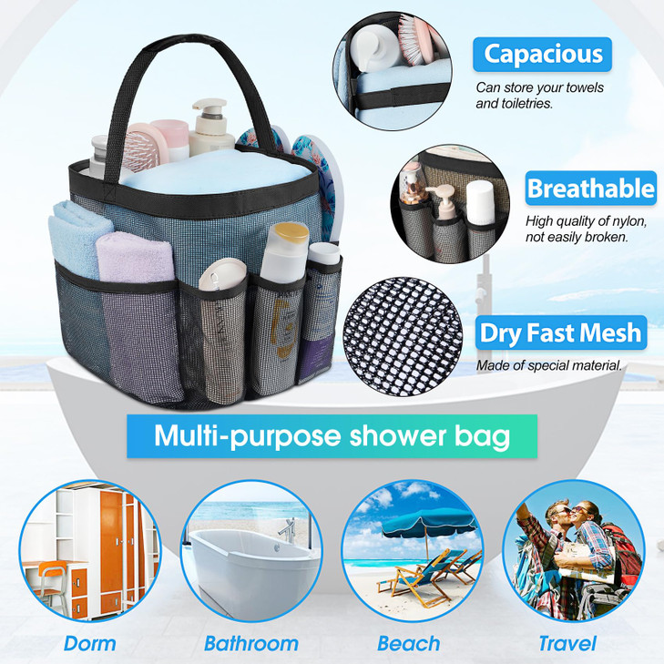 Attmu Mesh Shower Caddy Portable for College Dorm Room Essentials with 8 Pockets Hanging Caddy Dorm Basket Quick Dry Sho