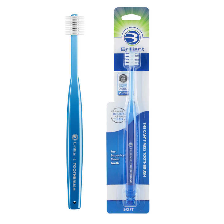 Brilliant Oral Care Adult Toothbrush with Soft Bristles Round Head and AllAround Clean for Teeth and Gums Blue 1 Pack