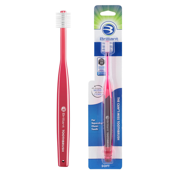 Brilliant Oral Care Adult Toothbrush with Soft Bristles Round Head and AllAround Clean for Teeth and Gums Red 1 Pack