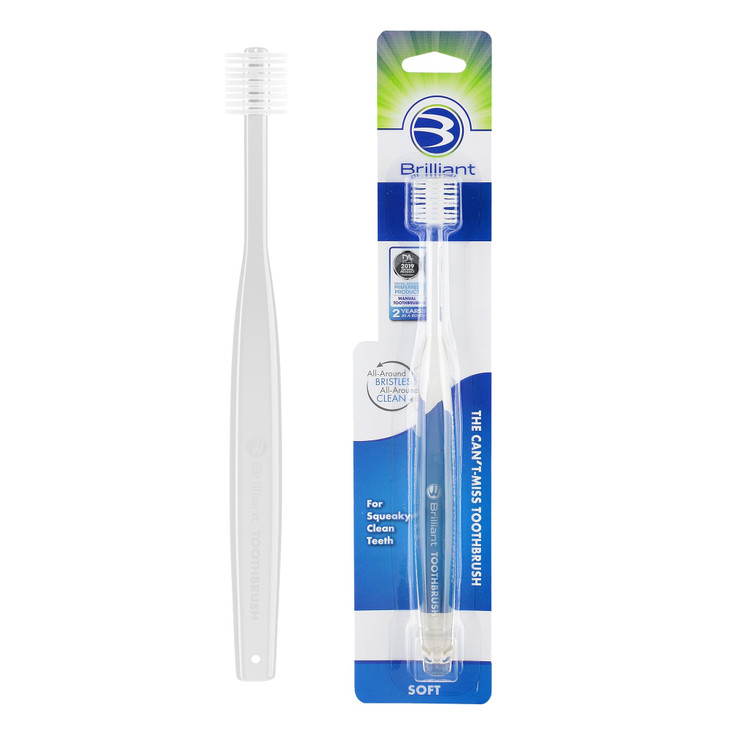 Brilliant Oral Care Adult Toothbrush with Soft Bristles Round Head and AllAround Clean for Teeth and Gums Clear 1 Pack