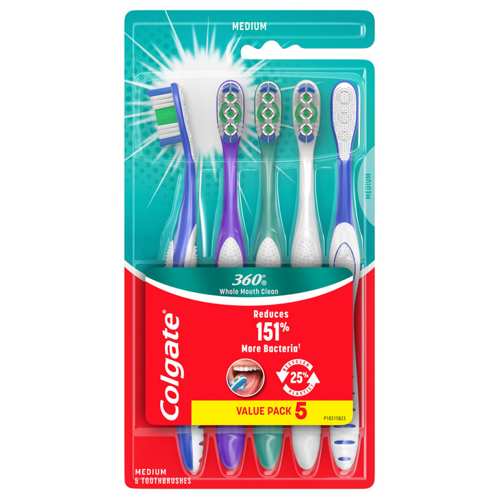 Colgate 360 Whole Mouth Clean Toothbrush Adult Medium Toothbrushes 5 Count Pack of 1