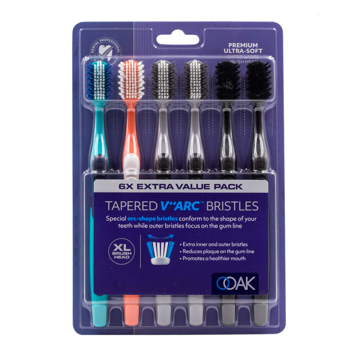 Ooak Toothbrush Tapered VArc Soft Bristles XL Brush Head 6 Pack Multiple Colors