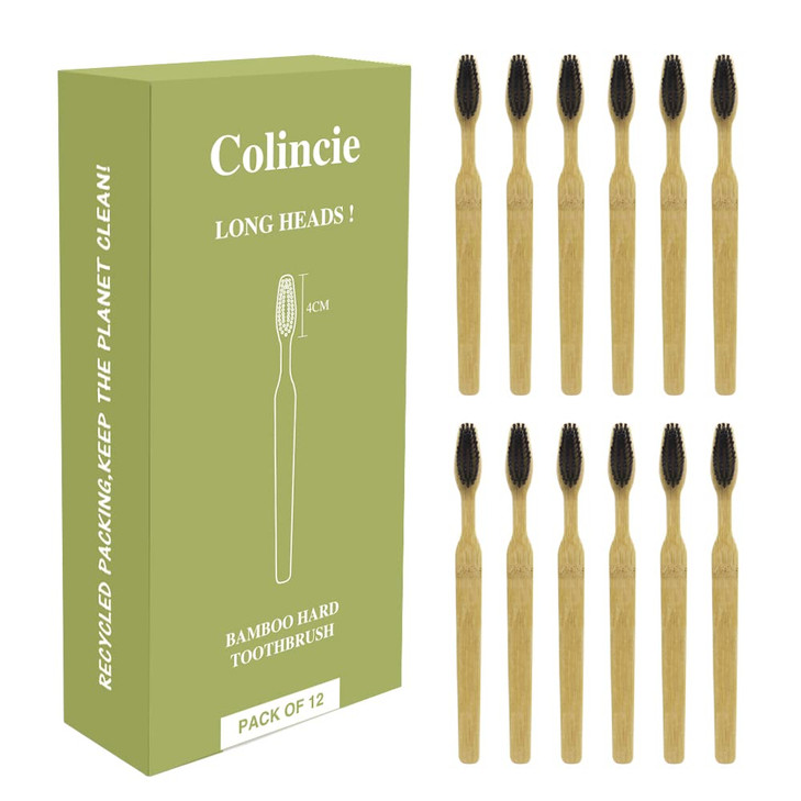 Colincie Extra Hard Firm Bamboo Charcoal Toothbrush Long Head with Wide Thickened Handle Whitening Teeth Pack of 12