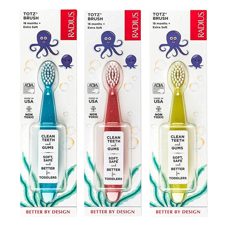 RADIUS Childrens Toothbrush Totz Brush Extra Soft Bristles BlueCoralYellow BPA Free ADA Accepted Designed for Delicate T