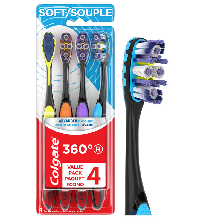 Colgate 360 Advanced Floss Tip Soft Bristle Toothbrush 17x Thinner Bristles for Deep Reach Between Teeth Ergonomic Handl