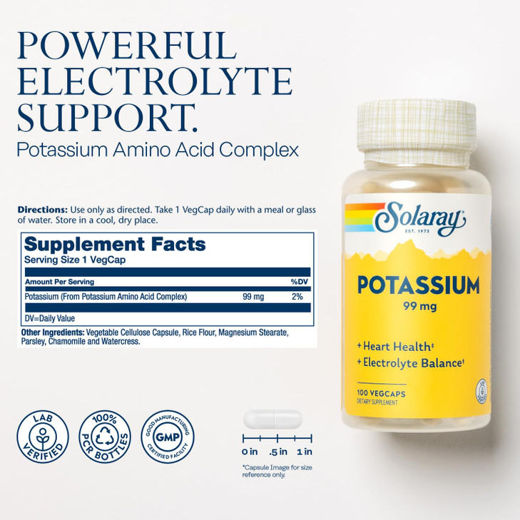 Solaray Potassium 99 mg - Electrolyte Balance Formula - Potassium Supplement for Electrolytes, Vascular and Heart Health Support - 60-Day Money Back online at globaldelivered