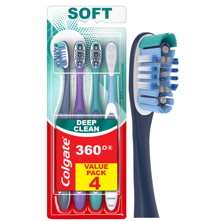 Colgate 360 Deep Clean Soft Toothbrush for 4 in 1 Bacterial Removal Features Floss Tip Bristles and Tongue Cleaner 4 Cou