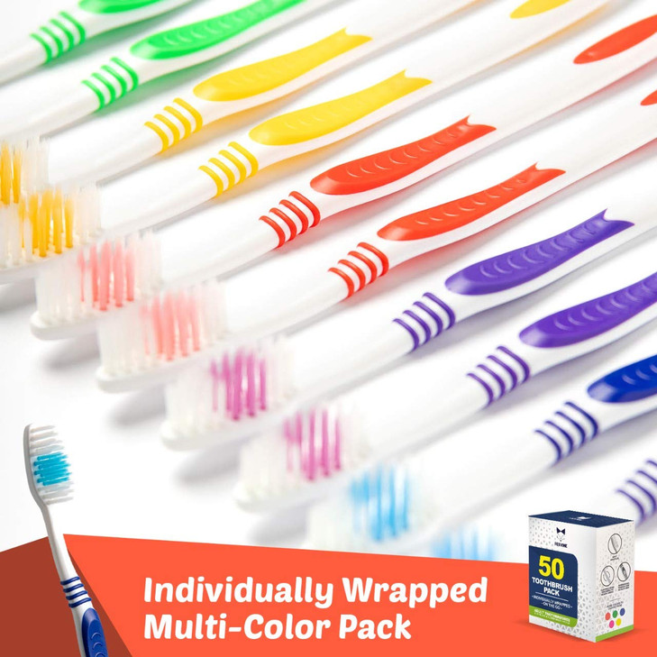 EcoFox Bulk Toothbrushes 50 Pack Individually Wrapped Travel Toothbrush Set for Adults Kids Made with a MediumSoft Large
