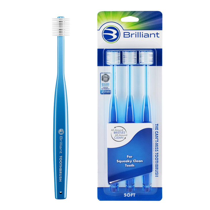 Brilliant Oral Care Adult Toothbrush with Soft Bristles Round Head and AllAround Clean for Teeth and Gums Blue 3 Pack