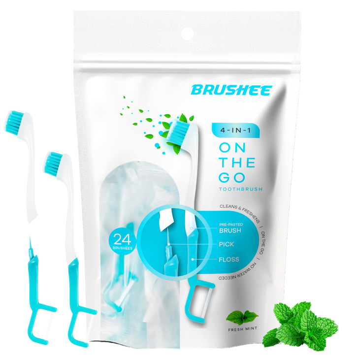 Brushee The Evolution of Oral Care 4in1 Tool Paste Brush Floss Pick Individually Wrapped Disposable Prepasted Travel Too