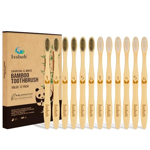 Isshah Biodegradable EcoFriendly Natural Bamboo Charcoal Toothbrushes FSC Certified and PETA Approved 12 Count