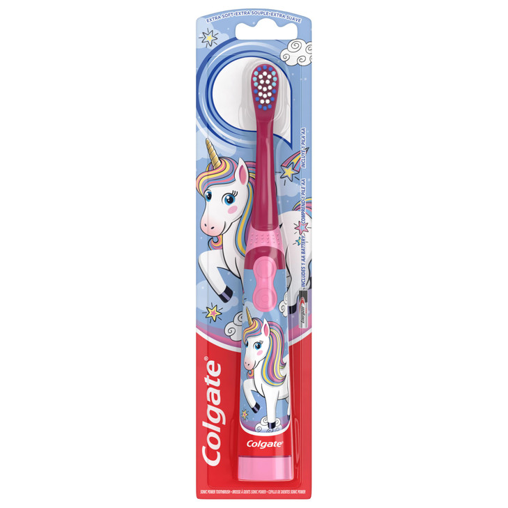 Colgate Kids Battery Powered Toothbrush Kids Battery Toothbrush with Included AA Battery Extra Soft Bristles FlatLaying