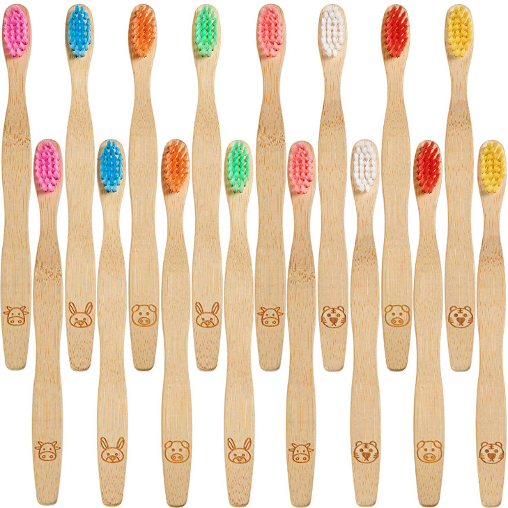 Boao 16 Pcs Kids Bamboo Toothbrush Soft Bristle Natural Toothbrush Wooden for Kids with Colorful Bristles and Ergonomic