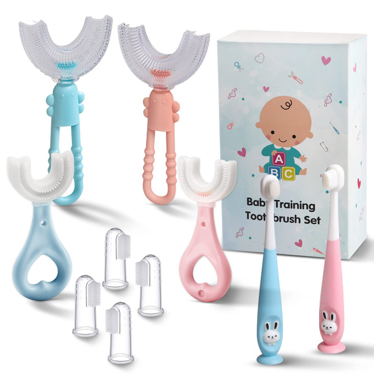 Frerdui 6 in 1 Baby Training Toothbrush Set Infant to Toddler Toothbrush Oral Care Silicone Toothbrush for Baby Food Gra