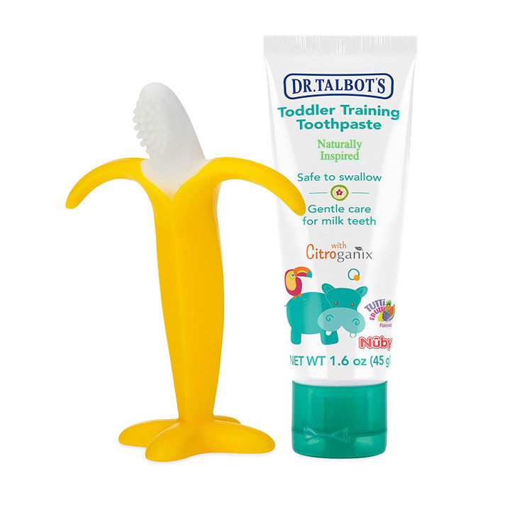 Dr Talbots Toddler Training Toothpaste Naturally Inspired with Citroganix with Nuby Nananubs Banana Massaging Toothbrush