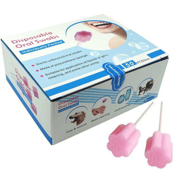 MUNKCARE Disposable Oral Swab Mouth Cleaning Sponge Swabsticks Singeuse Plum Blossom Shaped Untreated Unflavored box of