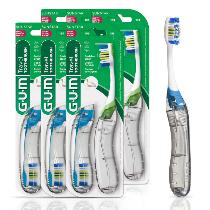 GUM Folding Travel Toothbrush Compact Head Tongue Cleaner Soft Bristled Travel Toothbrushes for Adults 2ct Pack of 6