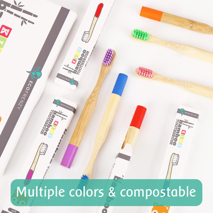 EcoFrenzy Kids Bamboo Toothbrush Child Size Soft BPA Free Color Safe Bristles 8 Pack