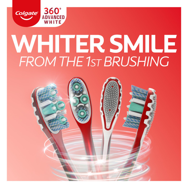 Colgate 360 Optic White Advanced Whitening Toothbrush Adult Medium Toothbrush with Whitening Cups Helps Whiten Teeth and
