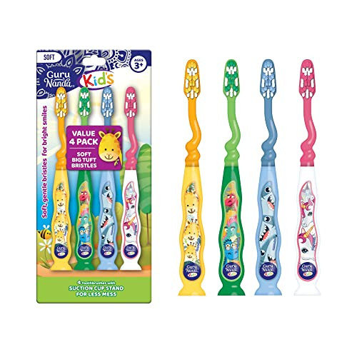 GuruNanda Kids Toothbrush with Suction Cup Fun Animal Designs Soft Bristles for Healthy Gums NonSlippery MessFree Toothb