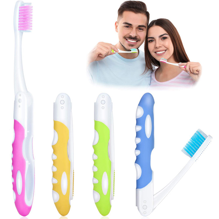 4 Pieces Folding Travel Toothbrush Portable Soft Toothbrush with Soft Bristles Brushes for Sensitive Gums Pink Yellow Bl