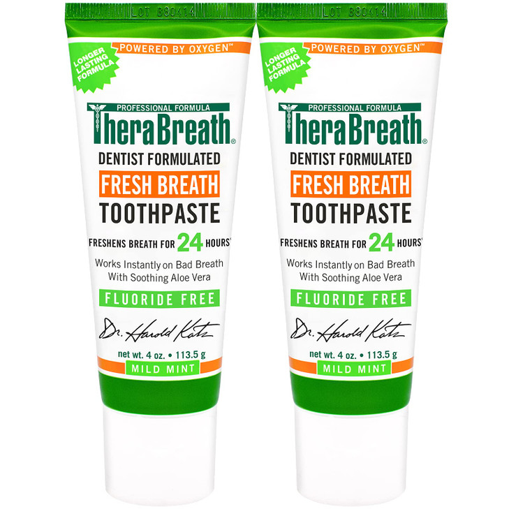 TheraBreath Fresh Breath Dentist Formulated Fluoride Free Toothpaste Mild Mint 4 Ounce Pack of 2 Multi