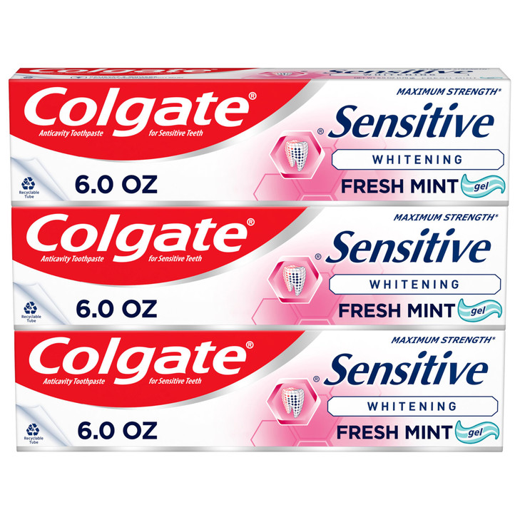 Colgate Whitening Toothpaste for Sensitive Teeth Enamel Repair and Cavity Protection Fresh Mint Gel 6 Oz Pack of 3