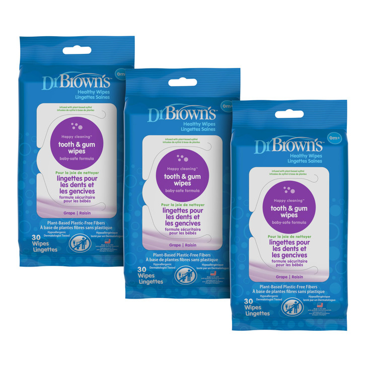 Dr Browns Tooth and Gum Healthy Wipes FluorideFree Oral Care for Babies Grape Flavor 30 count 3Pack Packaging May Vary