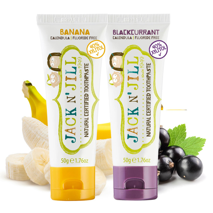 Jack N Jill Natural Toothpaste for Kids Fluoride Free Toothpaste 40 Xylitol BPA Free Banana Blackcurrant 176 oz Pack of