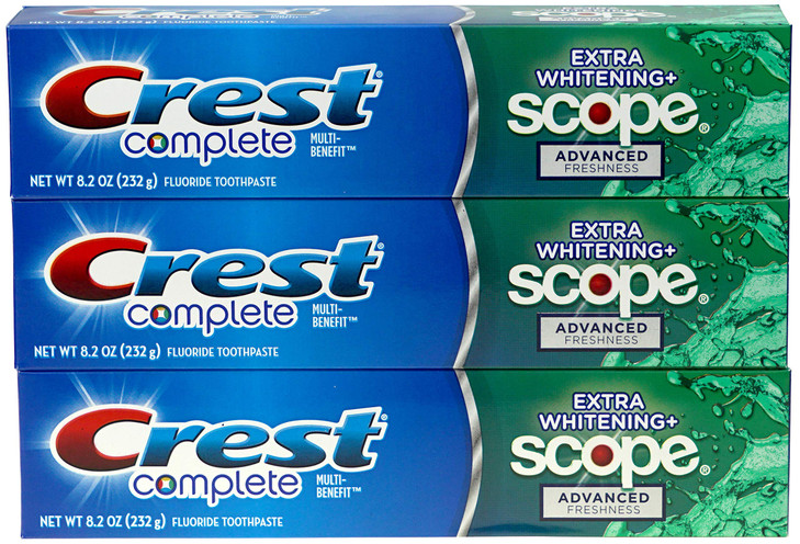 Crest Complete MultiBenefit Fluoride Toothpaste Extra Whitening and Scope Advanced Freshness 82 oz each 3 count