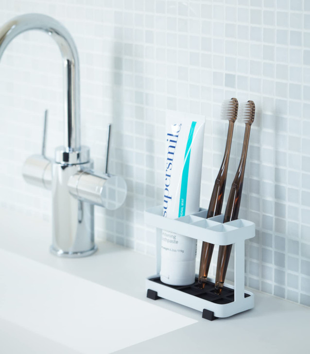 YAMAZAKI Home Tower Toothbrush and Toothpaste Holder for Bathroom Countertop Steel