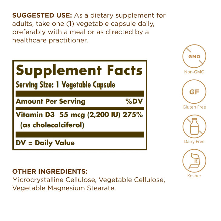 Solgar Vitamin D3 (Cholecalciferol) 55 mcg (2200 IU), 50 Vegetable Capsules - Helps Maintain Healthy Bones & Teeth - Immune System Support - Non-GMO, online at globaldelivered