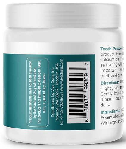 Viva Doria Natural Tooth Powder Remineralizing Natural Teeth Whitening Breath Freshener Refreshing Mint Flavor 10 Oz