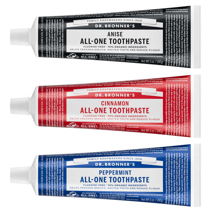 Dr Bronners AllOne Toothpaste 3Pack Variety Peppermint Cinnamon Anise 5oz Each 70 Organic Ingredients SLS Free Toothpast