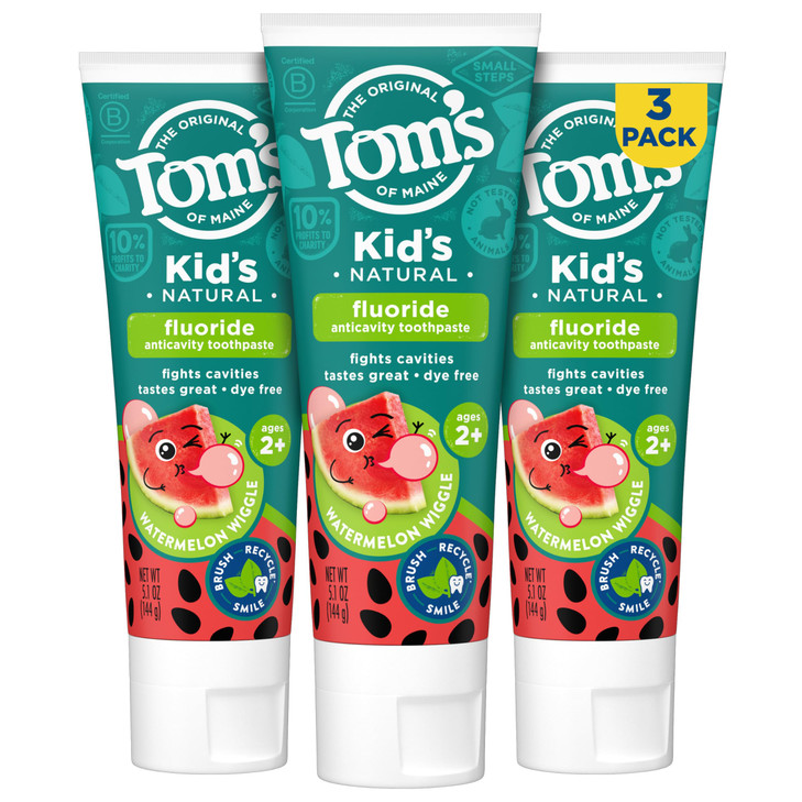 Toms of Maine Watermelon Wiggle Kids Toothpaste with Fluoride Kids Natural Toothpaste For Children Ages 2 and Up Helps P