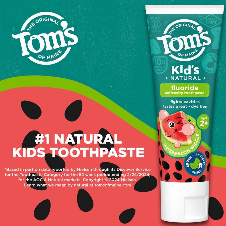Toms of Maine Watermelon Wiggle Kids Toothpaste with Fluoride Kids Natural Toothpaste For Children Ages 2 and Up Helps P