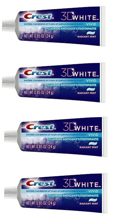 Crest 3D White Vivid Fluoride Anticavity Toothpaste Radiant Mint 085 oz Travel Size Pack of 4