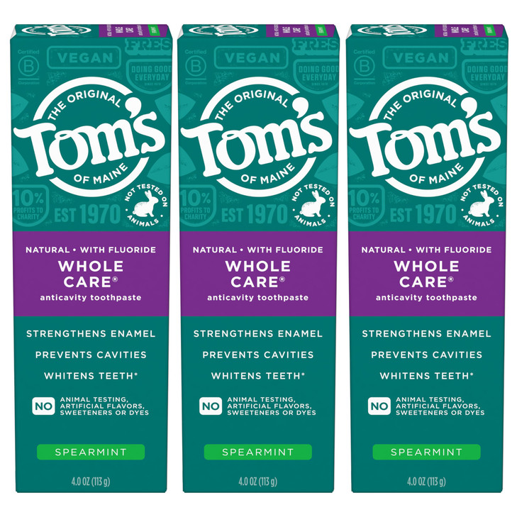 Toms of Maine Whole Care Natural Toothpaste with Fluoride Spearmint 4 Ounce Pack of 3 Packaging May Vary