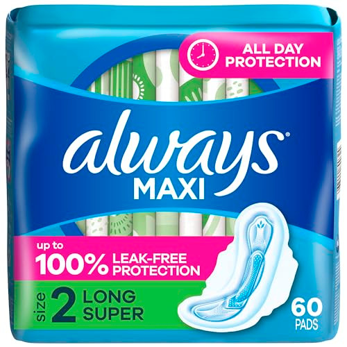 Always Maxi Feminine Pads with Wings for Women Size 2 Long Super Absorbency Unscented 60 Count