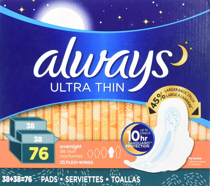 Always Ultra Thin Overnight Pads with Wings Unscented 76 Count