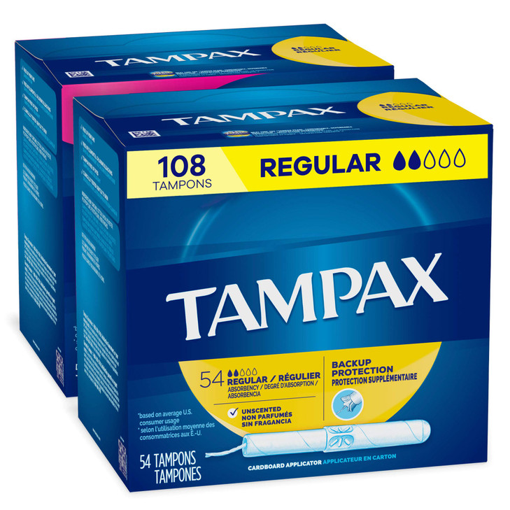 Tampax Tampons Regular Absorbency Cardboard Applicator Leakgaurd Skirt Unscented 54 Count X 2 Packs 108 Total Count