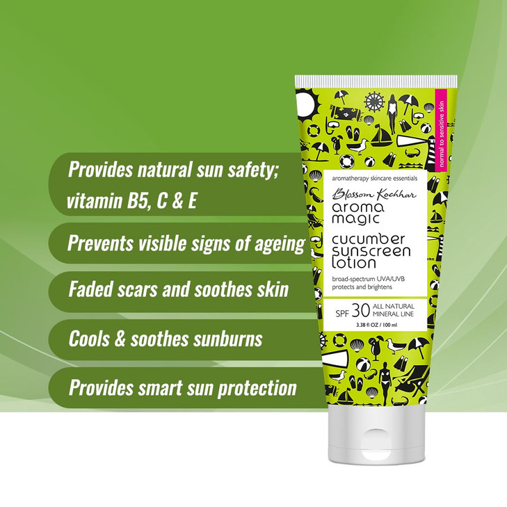 Aroma Magic Cucumber Sunscreen Lotion with SPF 30 NonNano Zinc Oxide Mineral Sunblock Broad Spectrum UVAUVB Sun Protecti