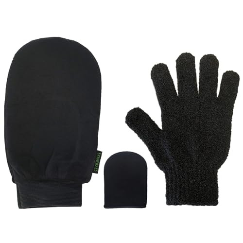 Skinerals Self Tanning Mitt Set 3Piece Applicator Kit with Exfoliator Glove Face Pad Back Tool Reusable Glove for Streak